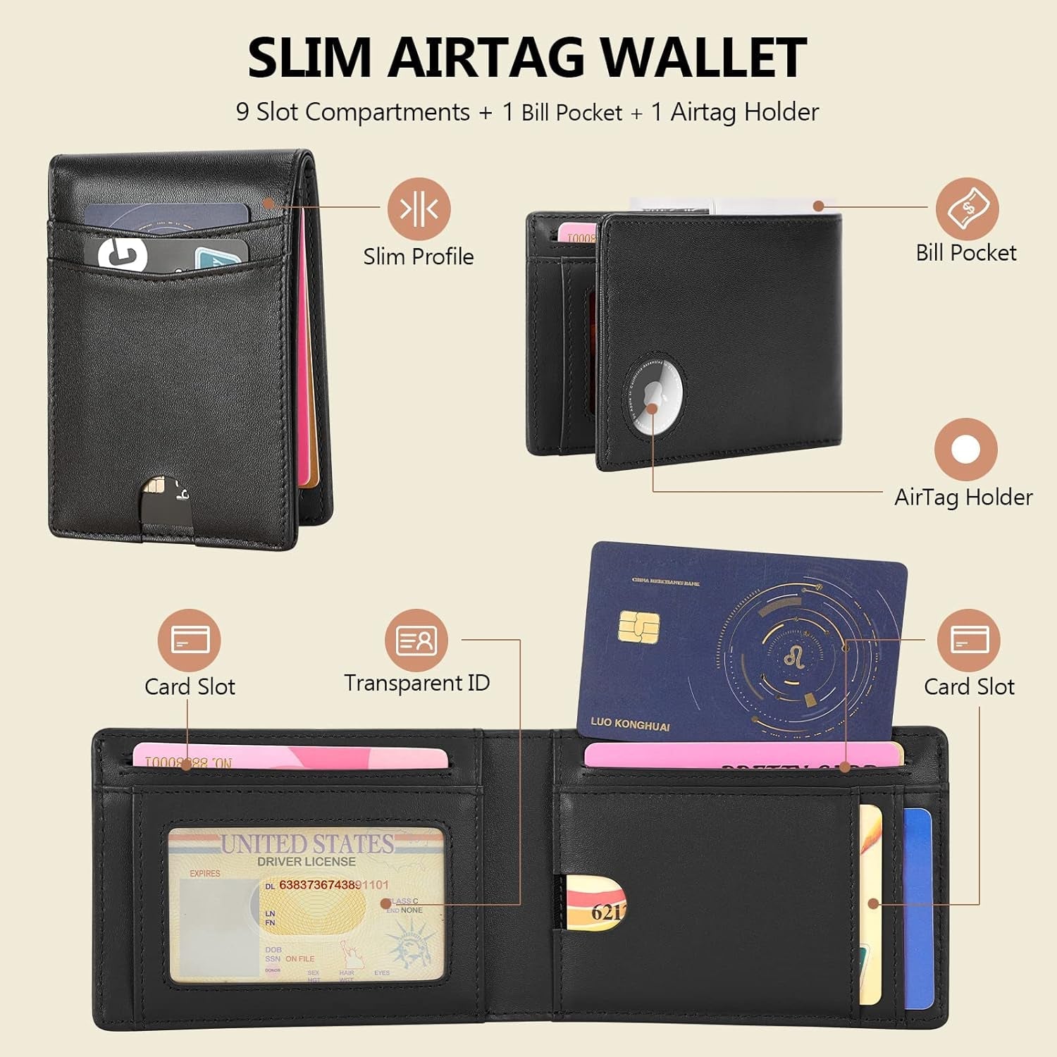 Men's RFID Leather Bifold Wallet with AirTag Holder - Secure & Slim - Abbycart