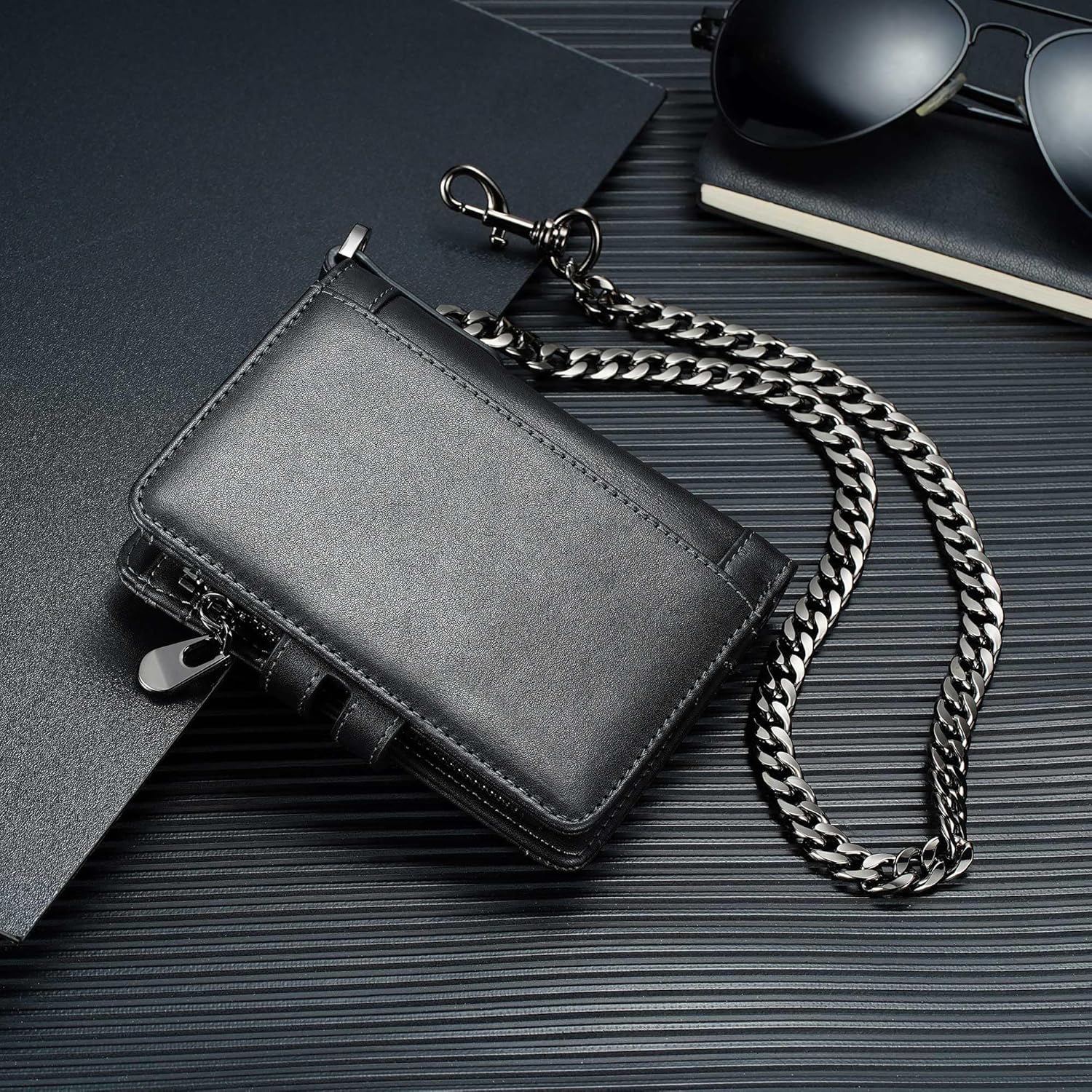 furid Genuine Leather Men's Wallet: Zipper Pocket Anti-Theft Chain Wallet | Top Grain Leather RFID Wallet with Chain - 15 Card Slots Bifold Card Wallet for Motorcycle Riding - Gift for Father Husband