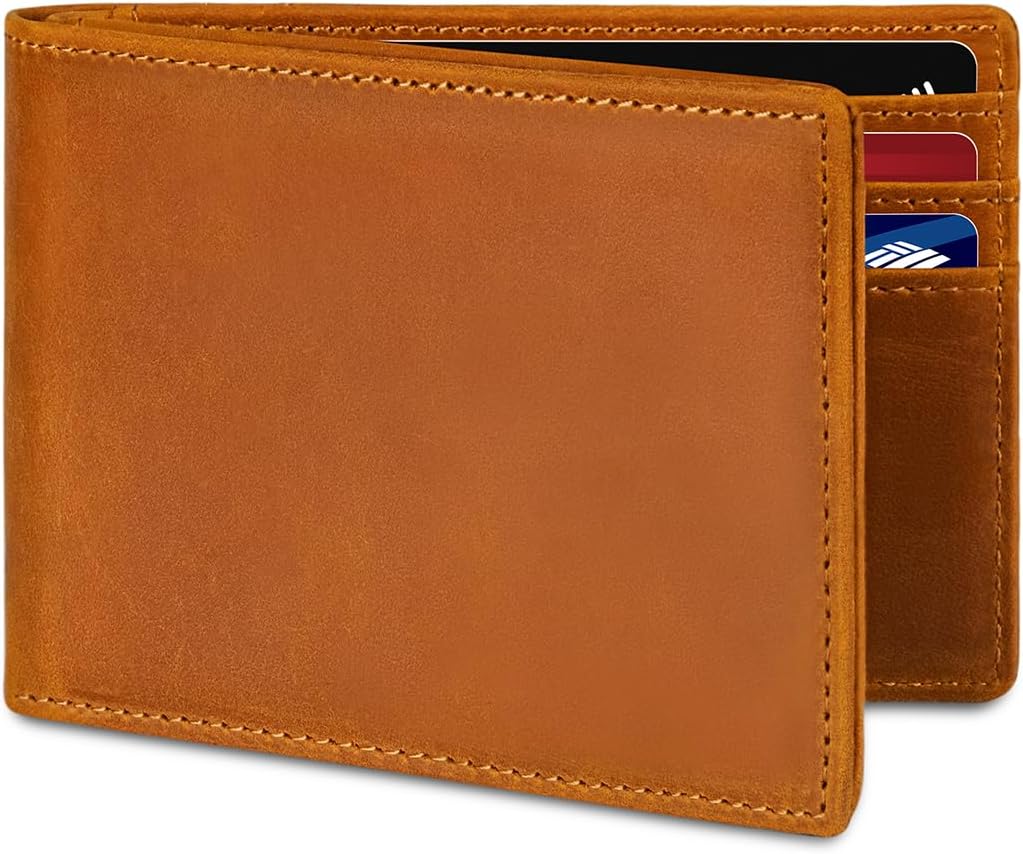 Men's Slim Bifold Leather AirTag Wallet – RFID Blocking, 9 Card Slots, ID Window, and Cash Holder