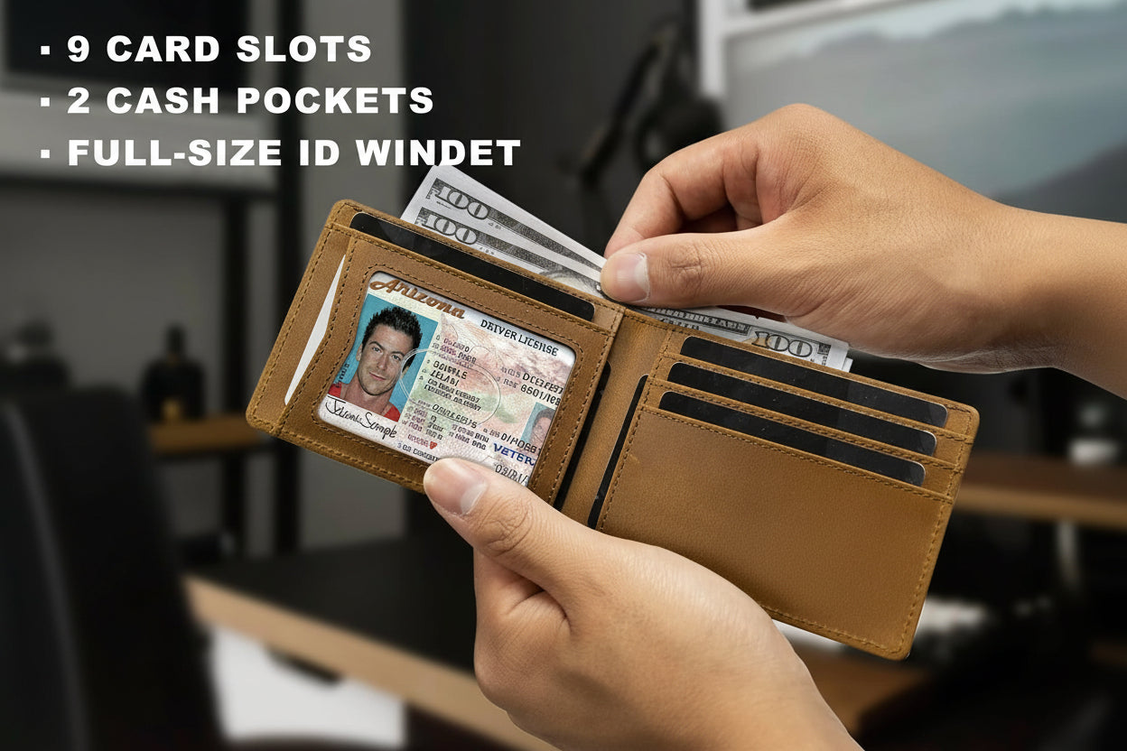 Men's Slim Bifold Leather AirTag Wallet – RFID Blocking, 9 Card Slots, ID Window, and Cash Holder
