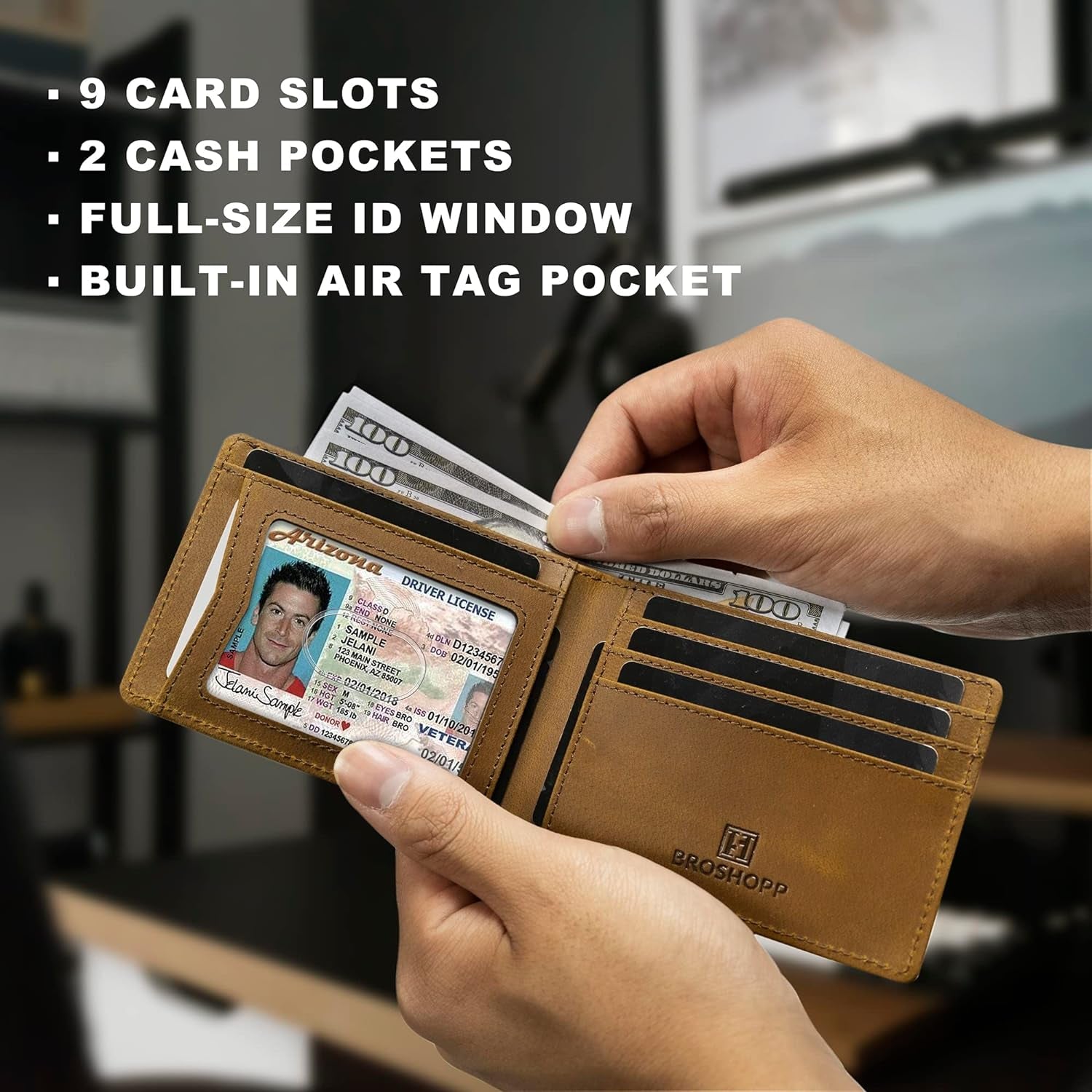 Men's Slim Bifold Leather AirTag Wallet – RFID Blocking, 9 Card Slots, ID Window, and Cash Holder - Abbycart