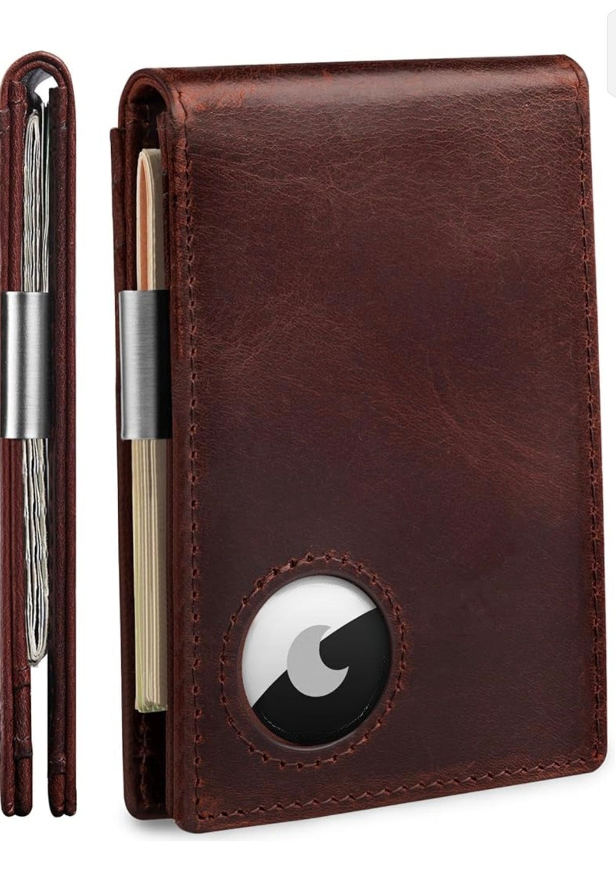 Men's Slim Leather Wallet with Built-in AirTag Holder - RFID Blocking Bifold Wallet