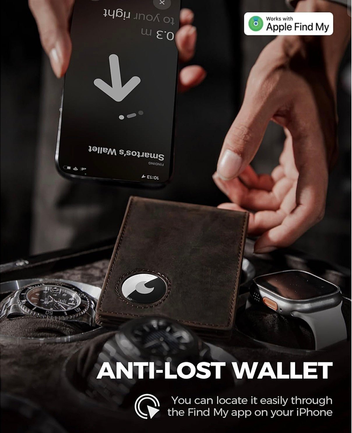 Brown leather anti-lost wallet with an AirTag holder, compatible with Apple Find My app for location tracking.