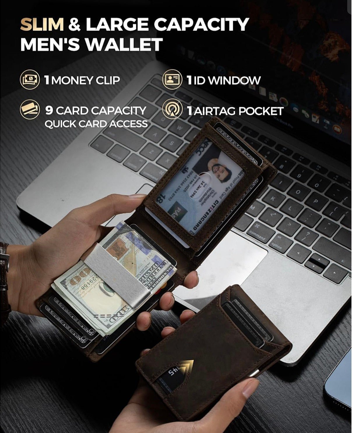 Slim brown leather men's wallet featuring a money clip, ID window, 9-card capacity, and a dedicated AirTag pocket.