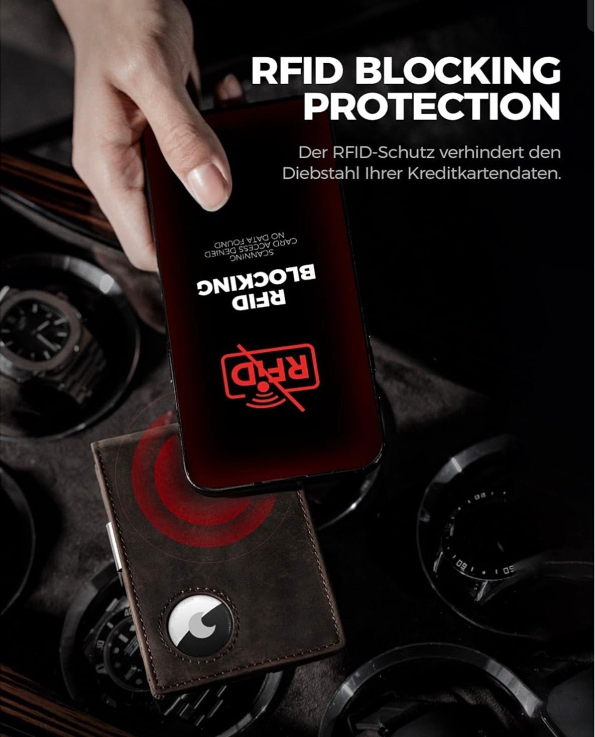 Brown leather minimalist wallet with built-in RFID blocking protection to secure credit card data.