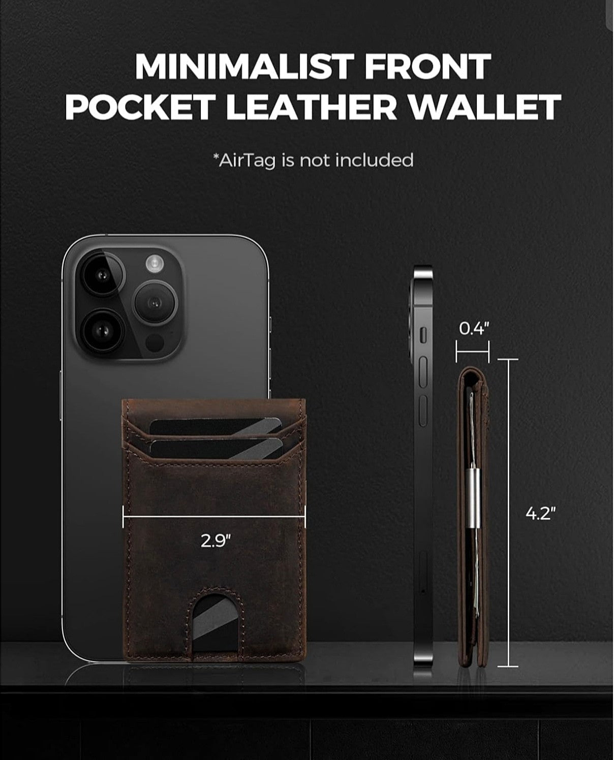 Minimalist brown leather front-pocket wallet showing dimensions of 2.9 inches by 4.2 inches and a 0.4-inch slim profile.