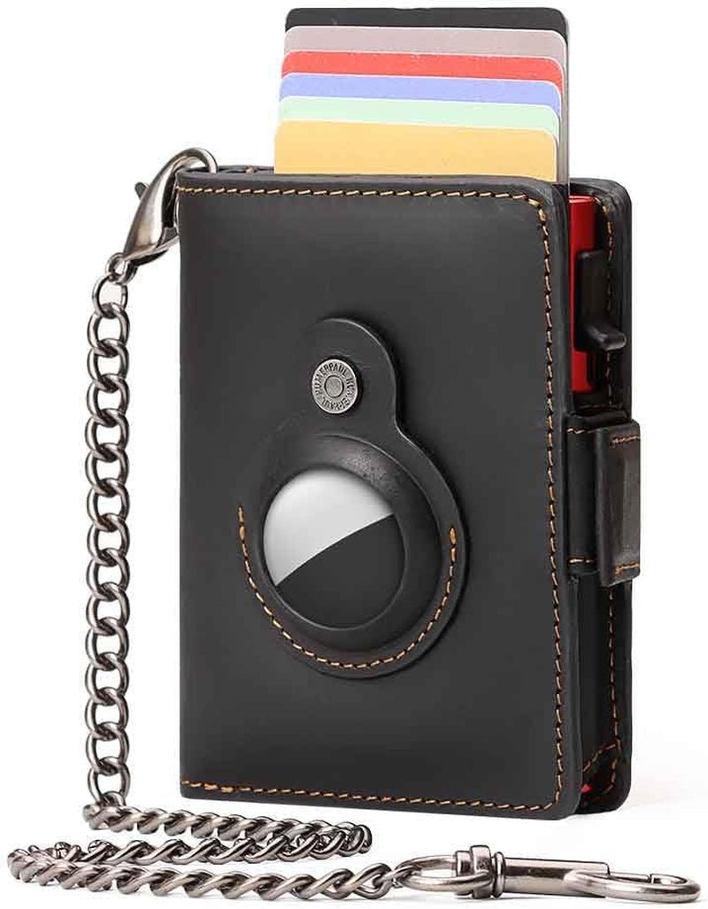 Men's Slim RFID Blocking AirTag Wallet – Genuine Leather, Anti - Theft Chain, 12 Card Slots - Abbycart