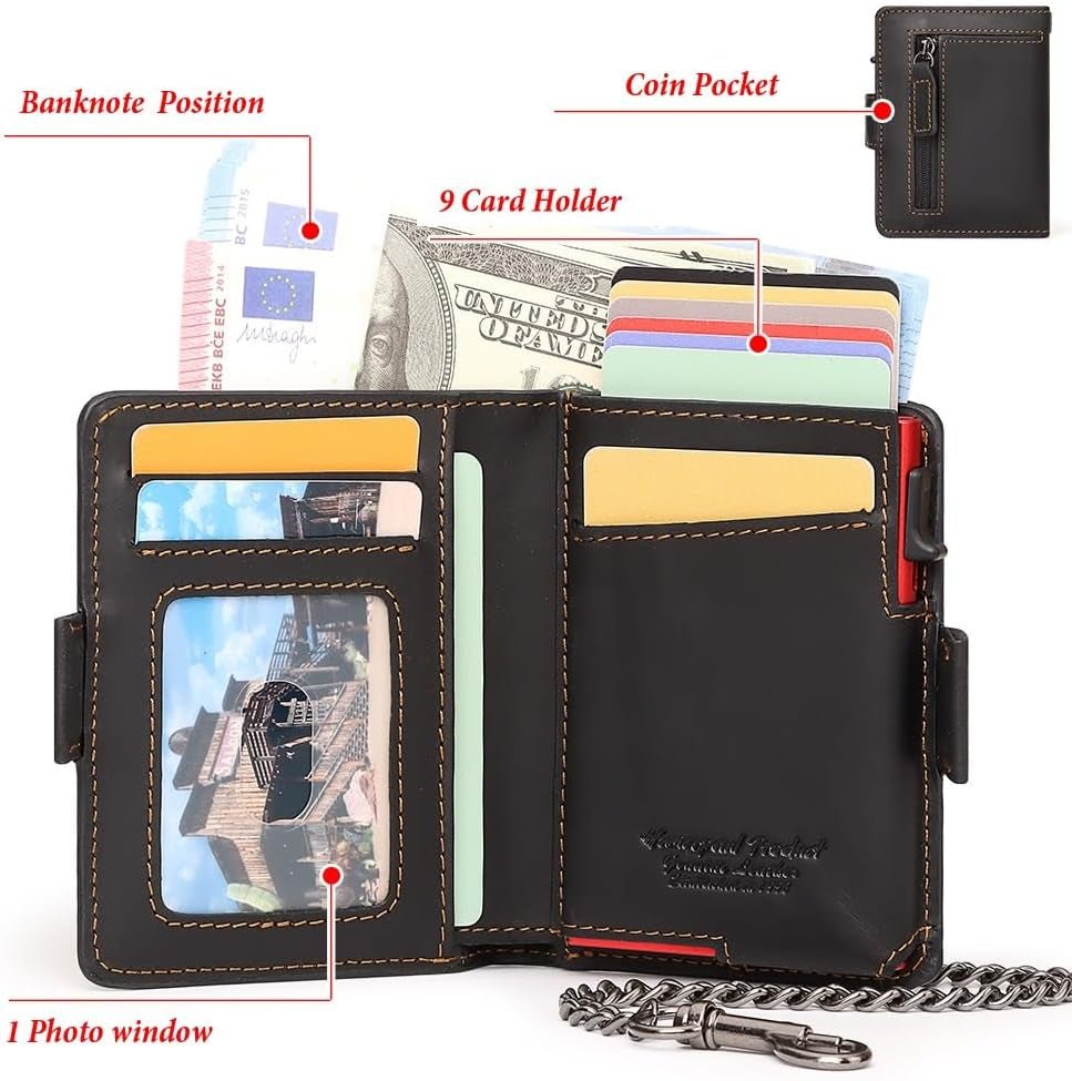 Men's Slim RFID Blocking AirTag Wallet – Genuine Leather, Anti - Theft Chain, 12 Card Slots - Abbycart