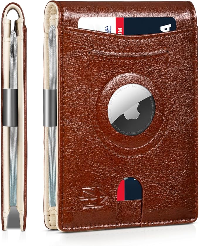 Men's Slim RFID Leather Wallet with AirTag Holder - Stylish & Secure