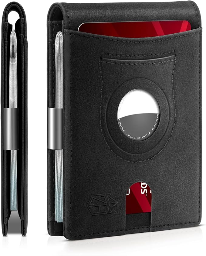 Men's Slim RFID Leather Wallet with AirTag Holder - Stylish & Secure