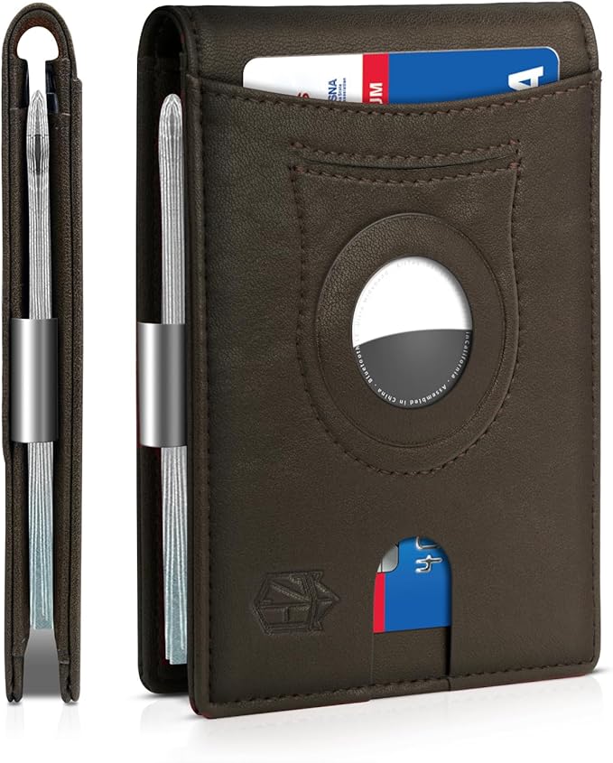Men's Slim RFID Leather Wallet with AirTag Holder - Stylish & Secure