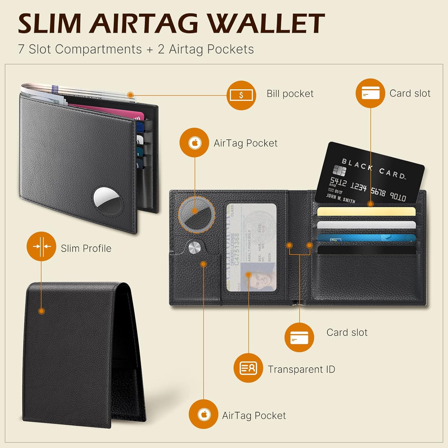 Men's Slim RFID Leather Wallet with AirTag Holder - Top Grain Bifold - Abbycart