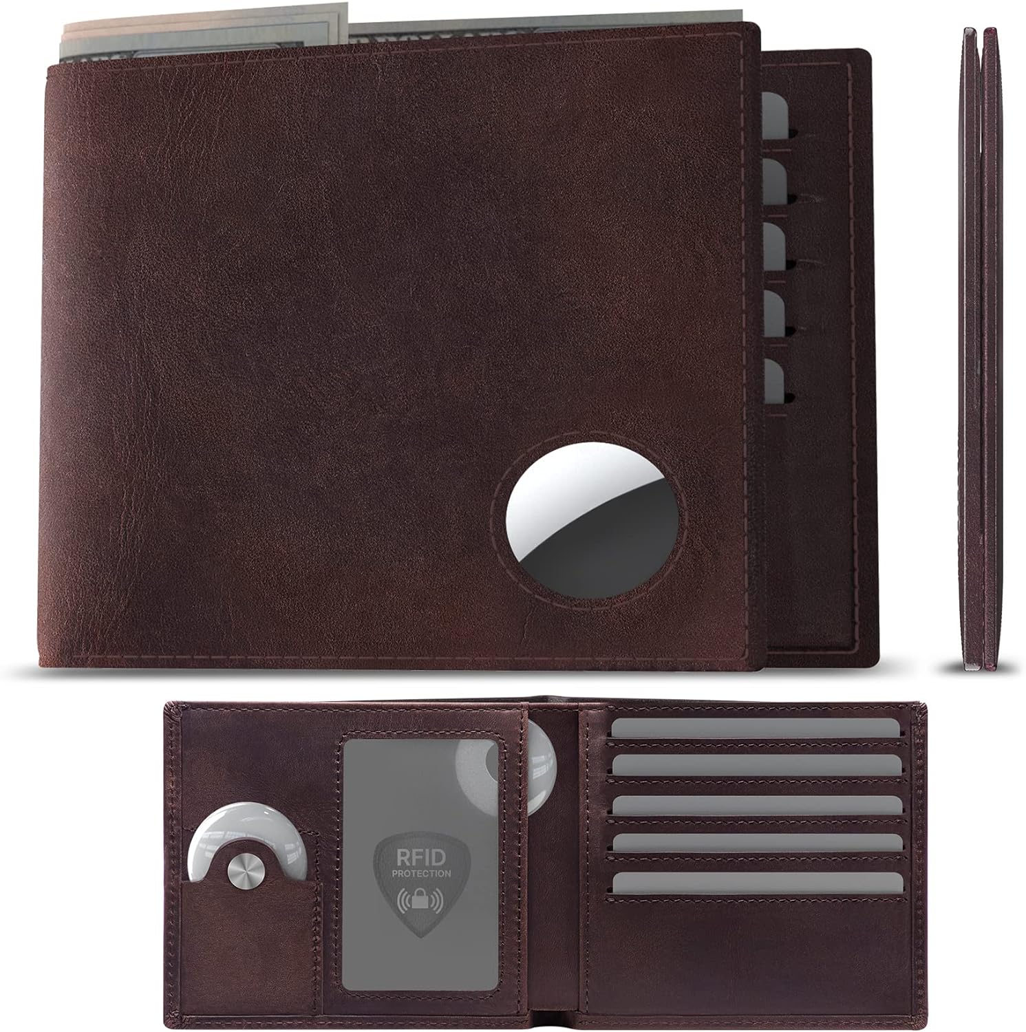 Men's Slim RFID Leather Wallet with AirTag Holder - Top Grain Bifold - Abbycart