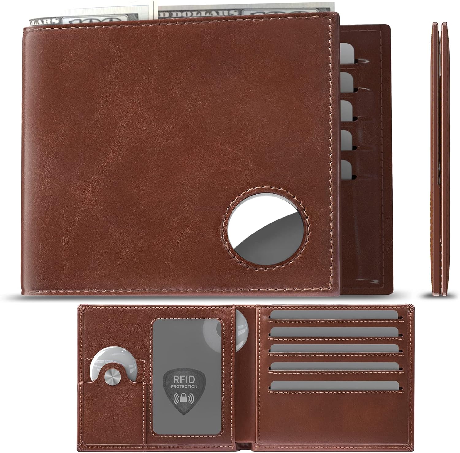 Men's Slim RFID Leather Wallet with AirTag Holder - Top Grain Bifold - Abbycart