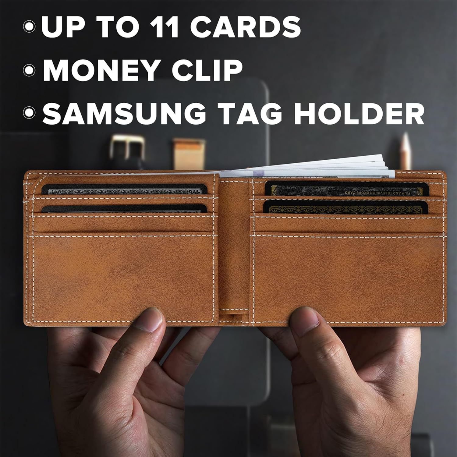 Mens Wallet for Samsung Galaxy SmartTag2 Slim Minimalist | Anti-Lost RFID Blocking Bifold Leather Wallet with Money Clip