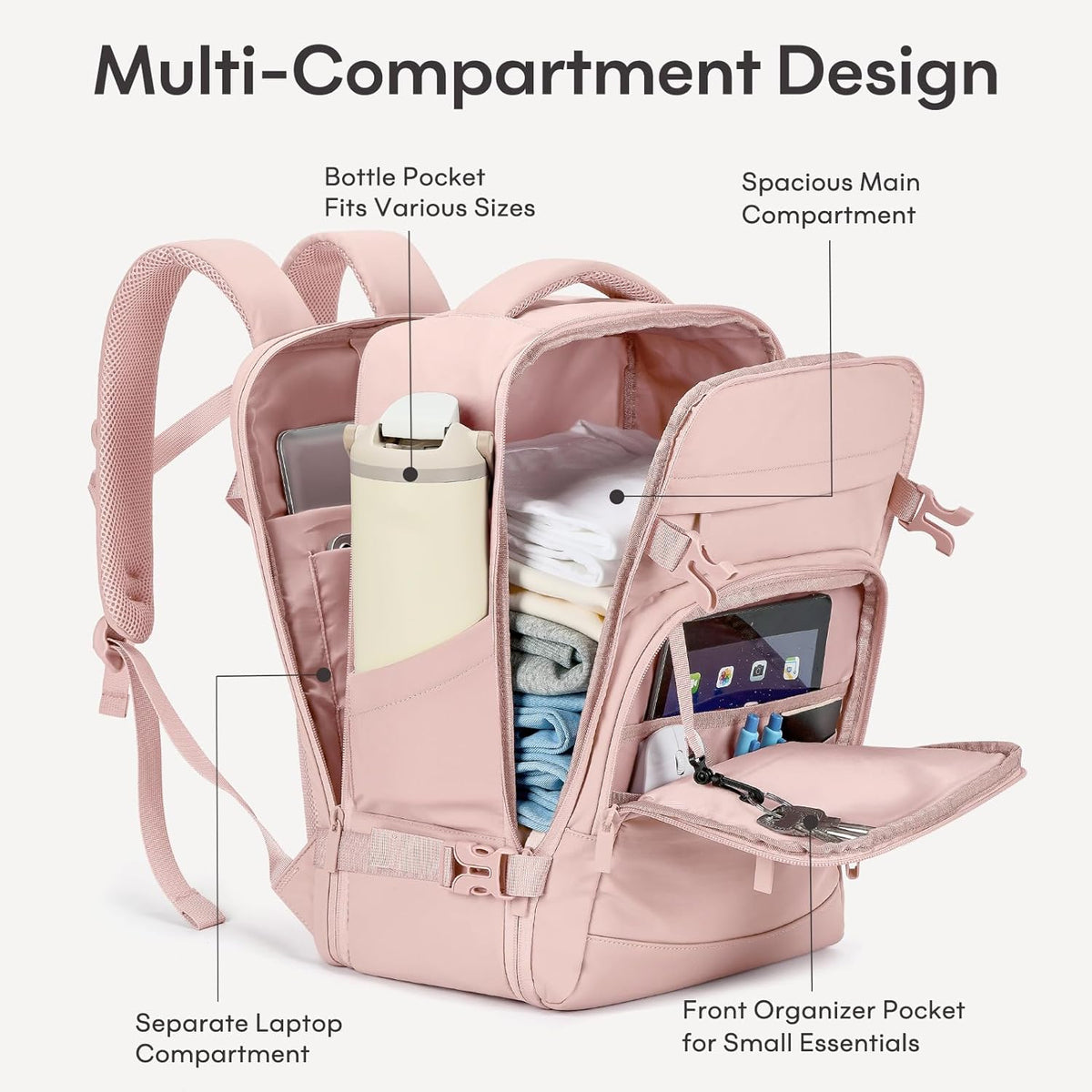 mibasies 30L Travel Backpack for Women & Men: Flight Approved Carry On Backpack, TSA Personal Item Bag with Water Bottle Pocket, Weekender Essentials Backpacks fits 15.6" Laptop - Pink