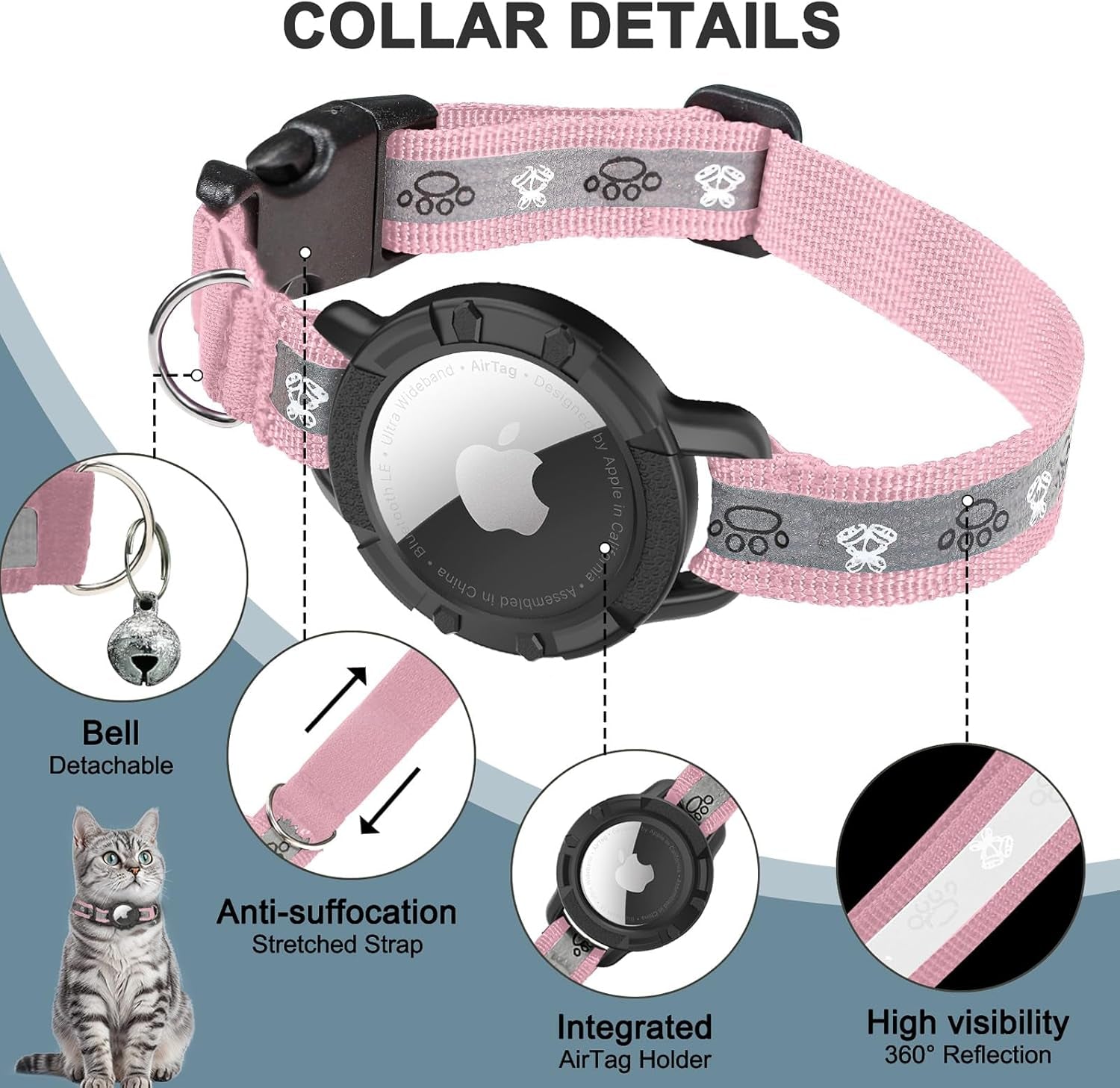 Reflective AirTag Cat Collar – Adjustable GPS Tracker with Safety Elastic & Integrated Holder - Abbycart