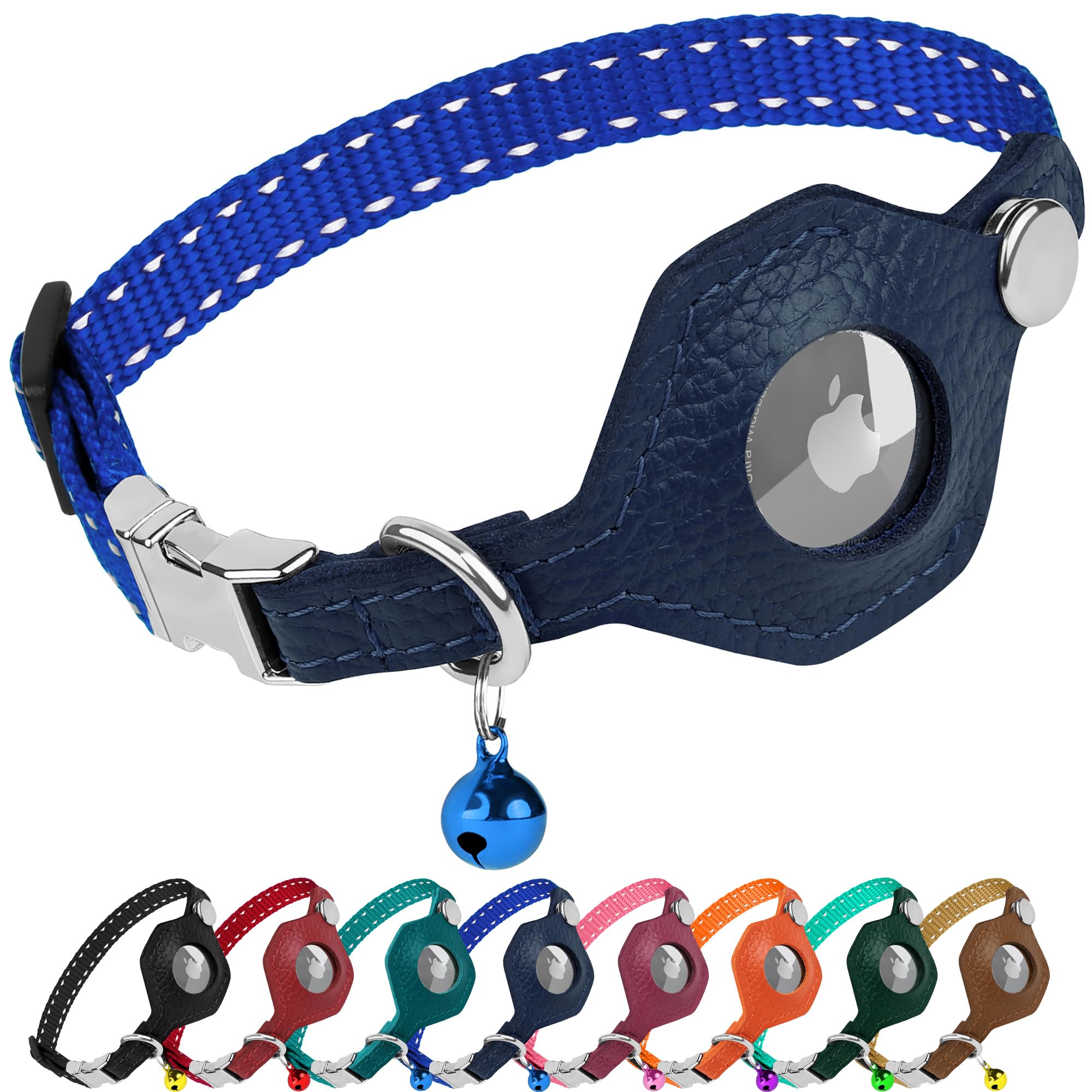 Reflective AirTag Cat Collar with Leather Holder & Metal Buckle