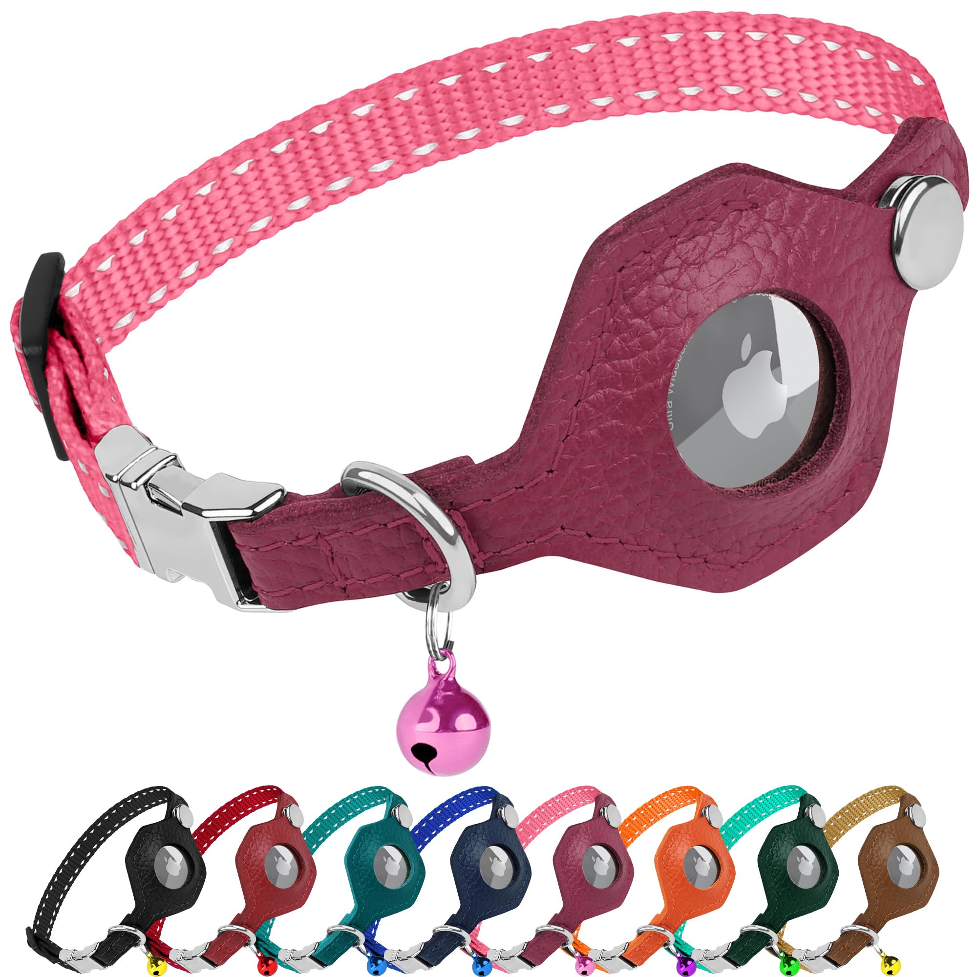 Reflective AirTag Cat Collar with Leather Holder & Metal Buckle