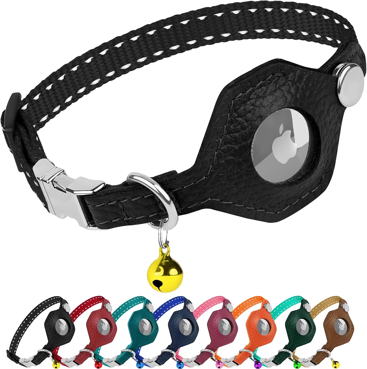 Reflective AirTag Cat Collar with Leather Holder & Metal Buckle