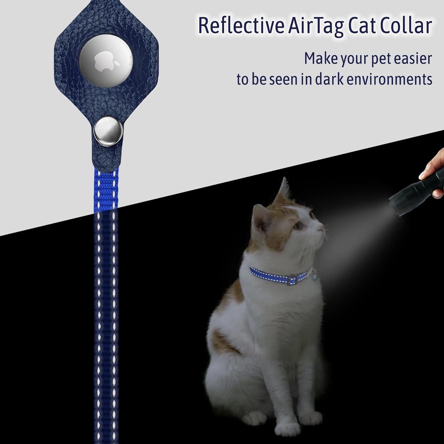 Reflective AirTag Cat Collar with Metal Buckle - Leather Soft Non Breakaway Cat Collars with Apple Air Tag Holder and Bell - Tracking GPS Secure Pet Collars for Cats Kitten Puppy (Black)