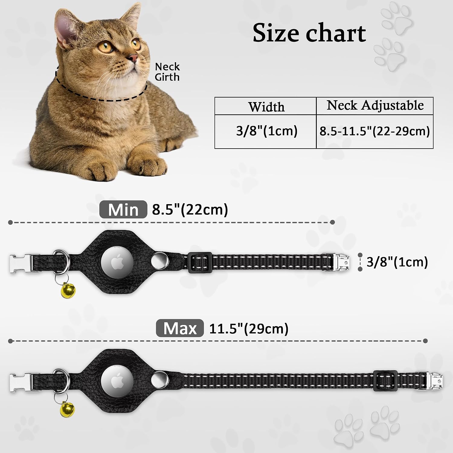 Reflective AirTag Cat Collar with Metal Buckle - Leather Soft Non Breakaway Cat Collars with Apple Air Tag Holder and Bell - Tracking GPS Secure Pet Collars for Cats Kitten Puppy (Black)