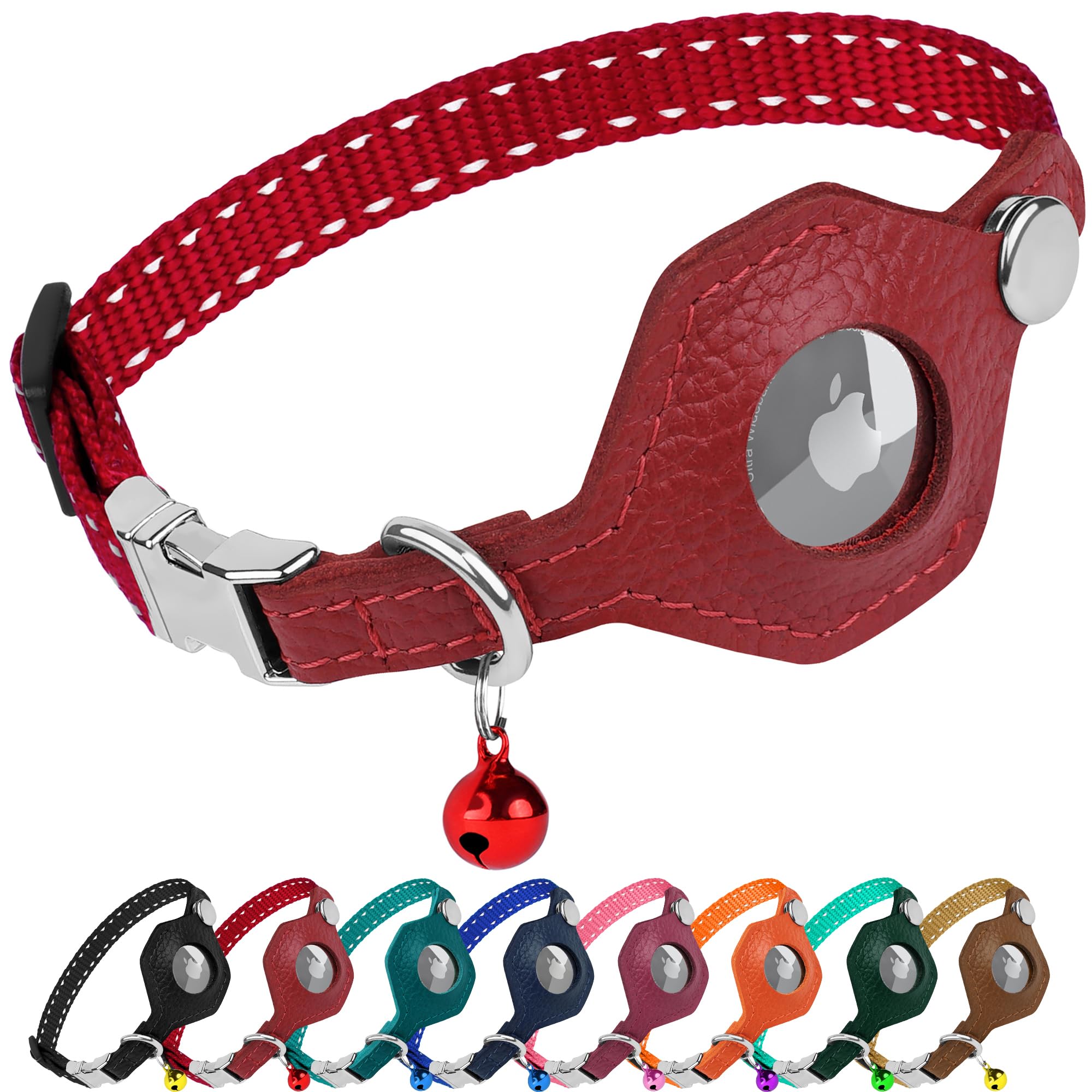 Reflective AirTag Cat Collar with Leather Holder & Metal Buckle