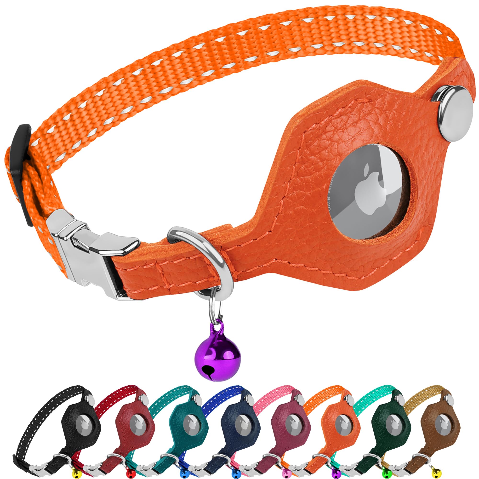 Reflective AirTag Cat Collar with Leather Holder & Metal Buckle