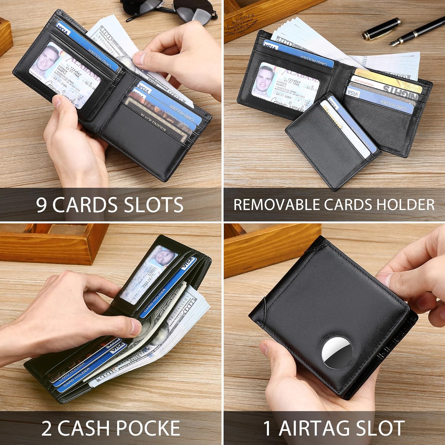 RFID Blocking Genuine Leather AirTag Wallet for Men - Bifold with 12 Card Slots, ID Window & Gift Box - Abbycart