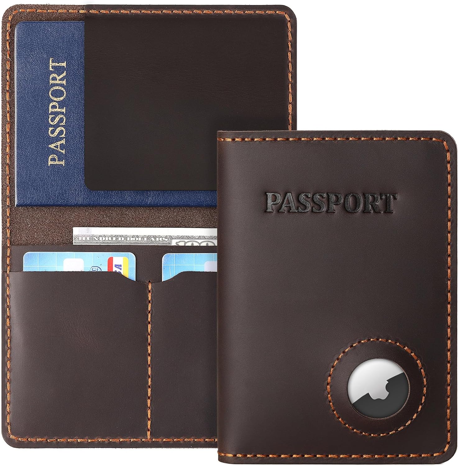 RFID Blocking Leather Passport Holder with AirTag Slot - Secure Travel Wallet for Men and Women - Abbycart