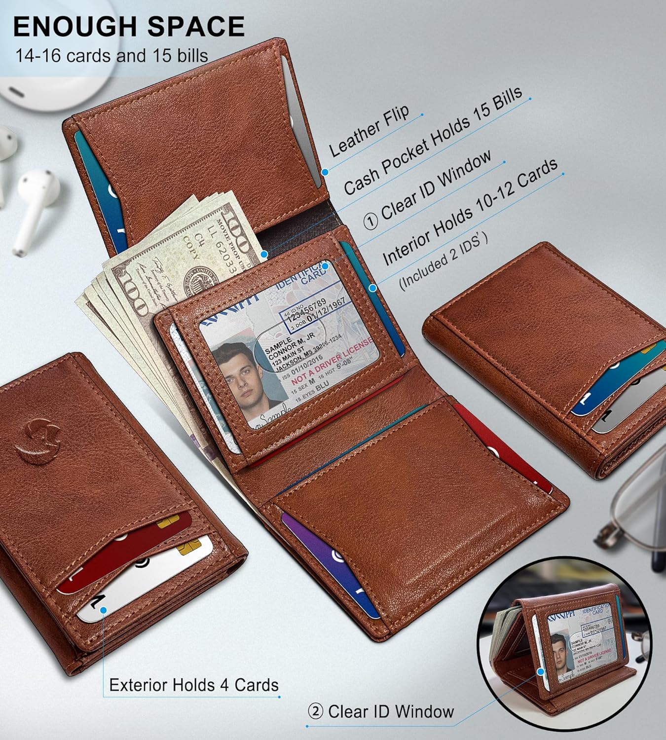 Trifold Leather Wallet for Men,with Cash Pocket 2 ID Window 14-16 Cards Magnetic Closure Slim Wallet 4.0"*3.1", RFID Blocking Front Pocket Wallet with Gift Box