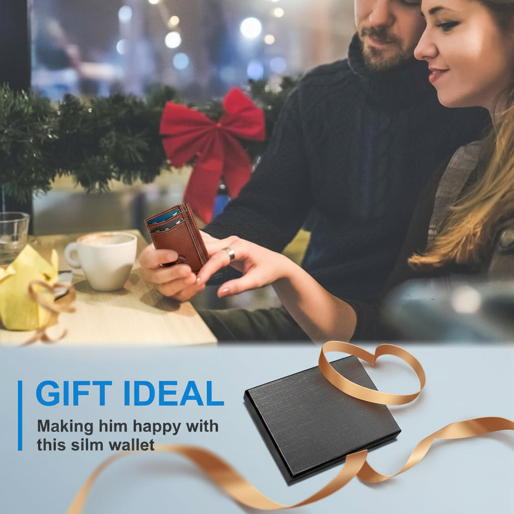 Trifold Leather Wallet for Men,with Cash Pocket 2 ID Window 14-16 Cards Magnetic Closure Slim Wallet 4.0"*3.1", RFID Blocking Front Pocket Wallet with Gift Box