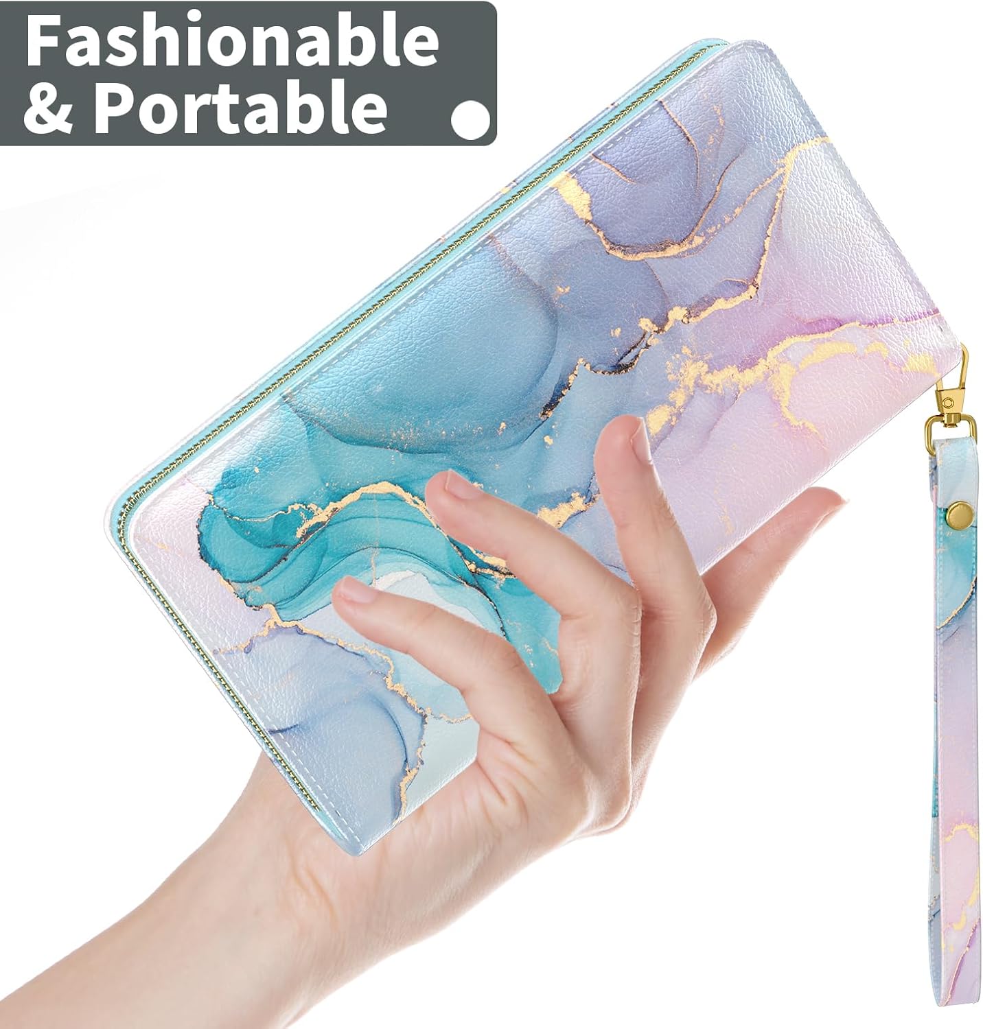 Nipichsha Womens Wallet, RFID Wristlet Wallet for Women, Cute Ladies Purse, Large Credit Card Clutch Purse, Leather Card Holder Wallets with Zipper & Phone Holder, Colorful Ink Marble