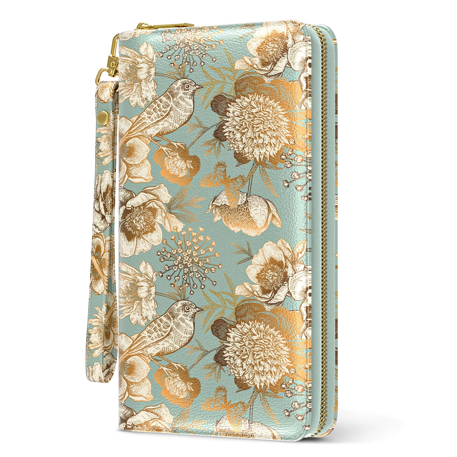 RFID Leather Wristlet Wallet for Women with Phone Holder & Zipper