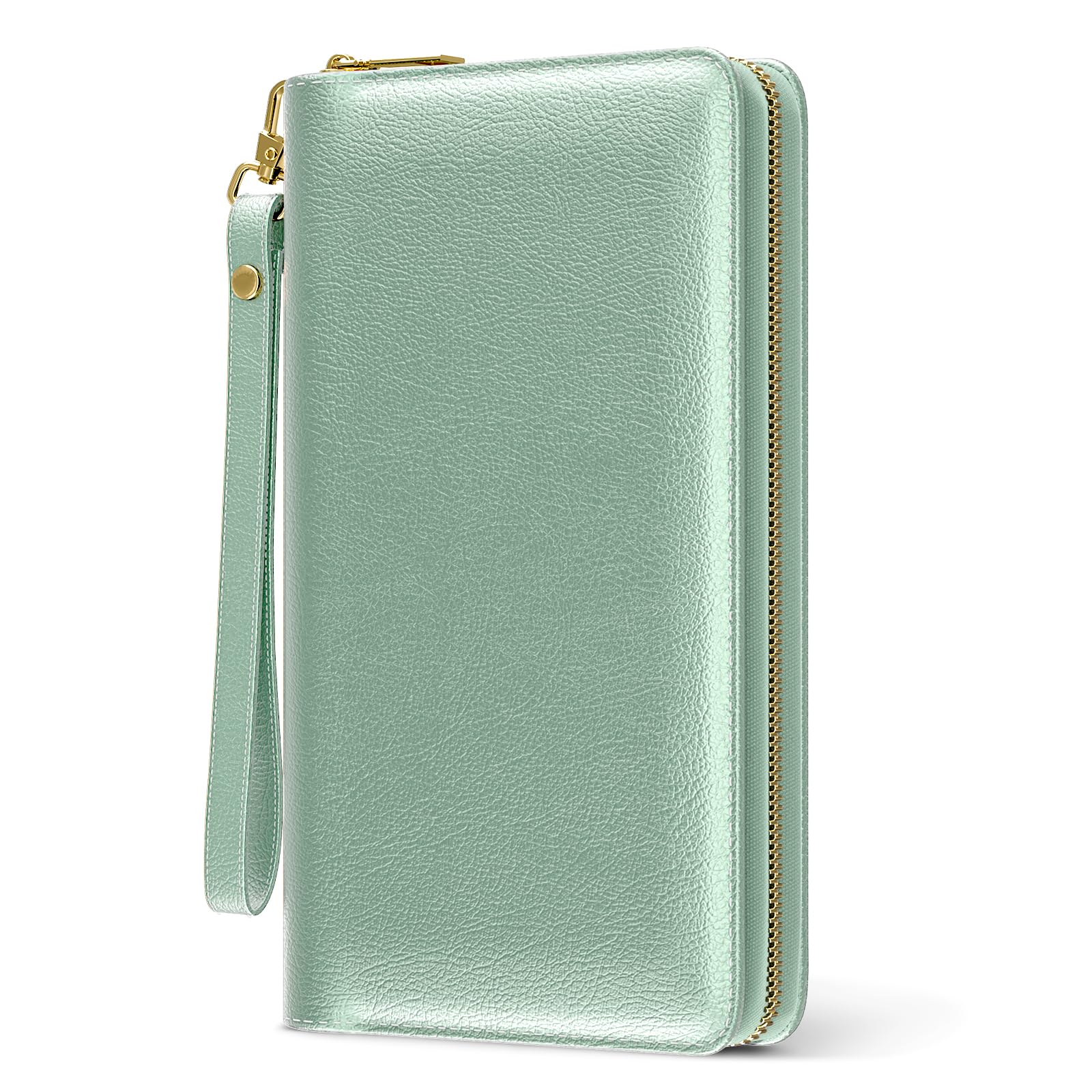 RFID Leather Wristlet Wallet for Women with Phone Holder & Zipper