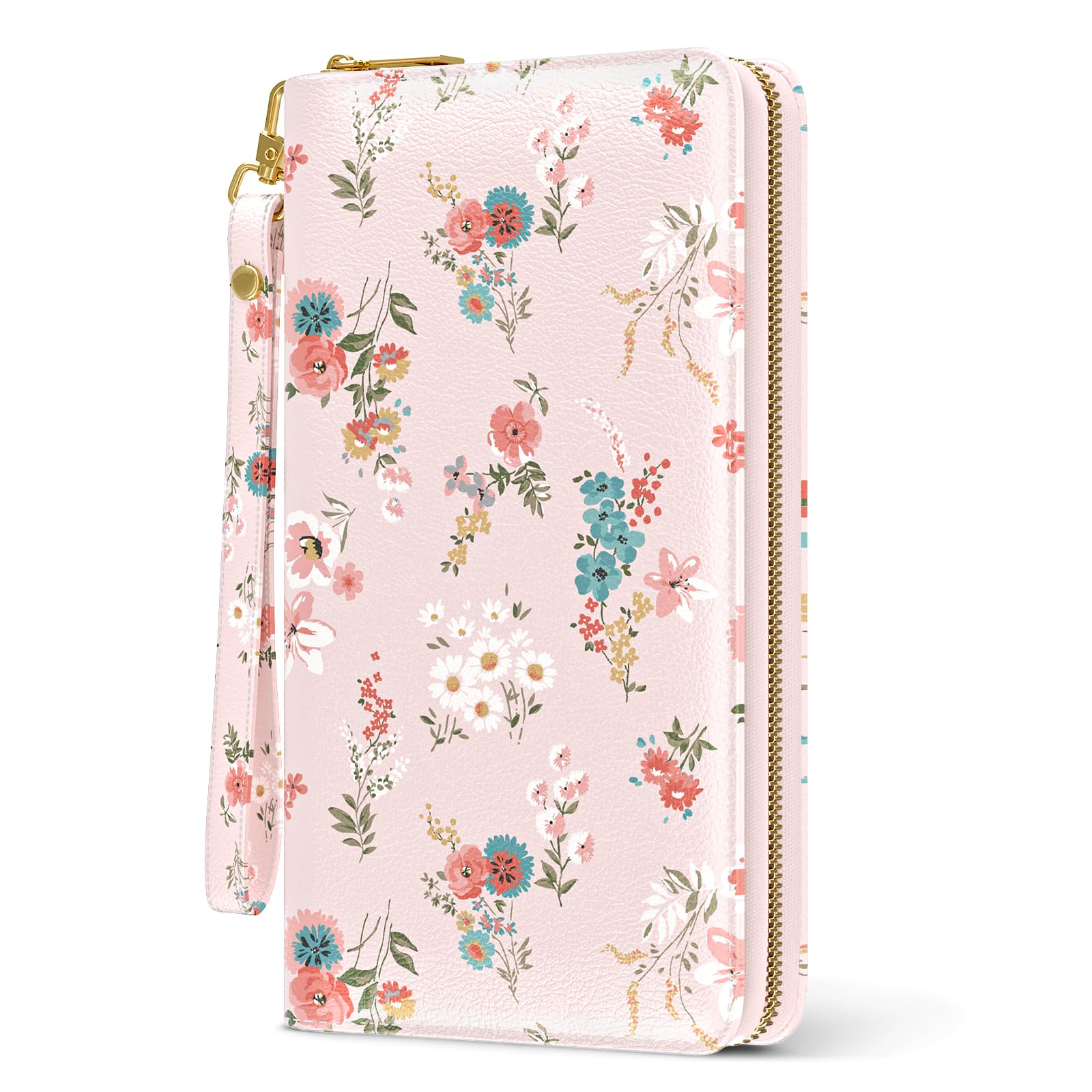 RFID Leather Wristlet Wallet for Women with Phone Holder & Zipper