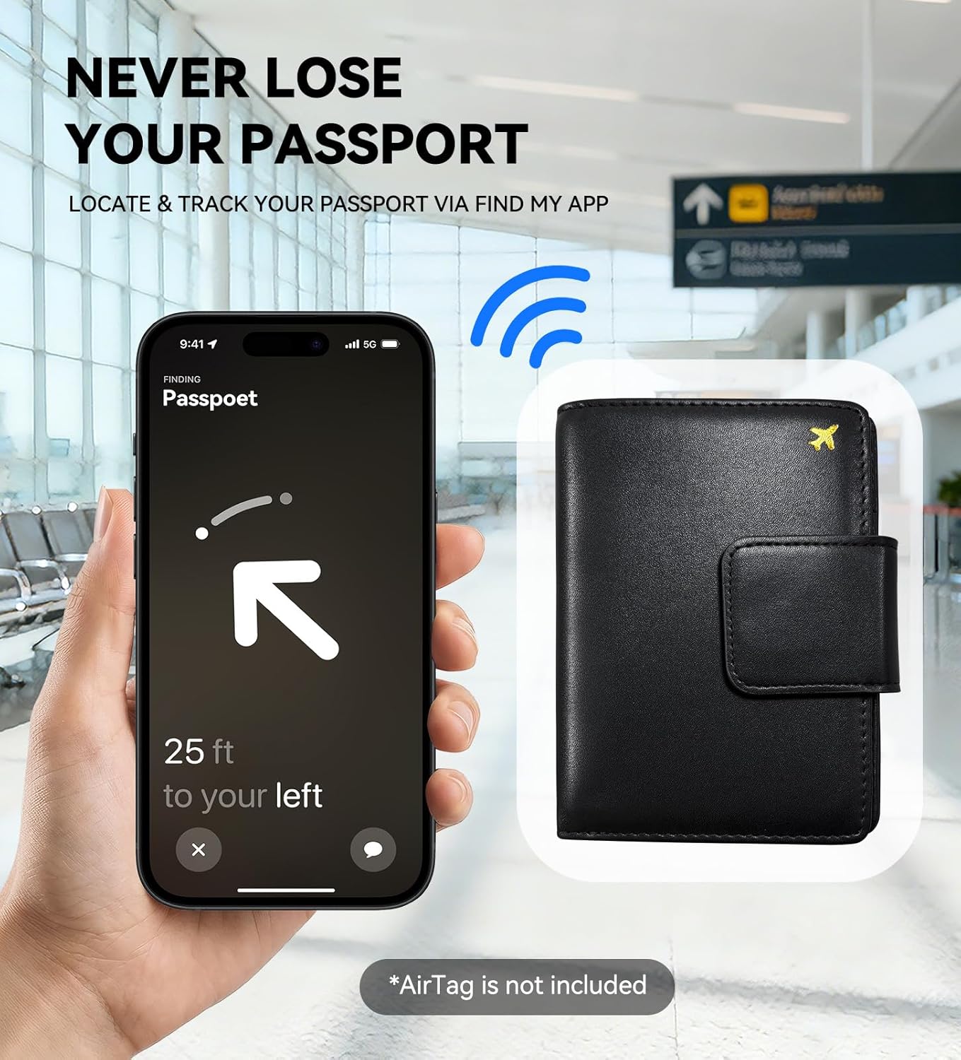 Passport Holder Cover Wallet with AirTag Slot - RFID Blocking Travel Wallet Organizer for Men, Premium PU Leather Case with SIM Card Slots, Pen Loop & Zipper Pocket for International Travel Essentials