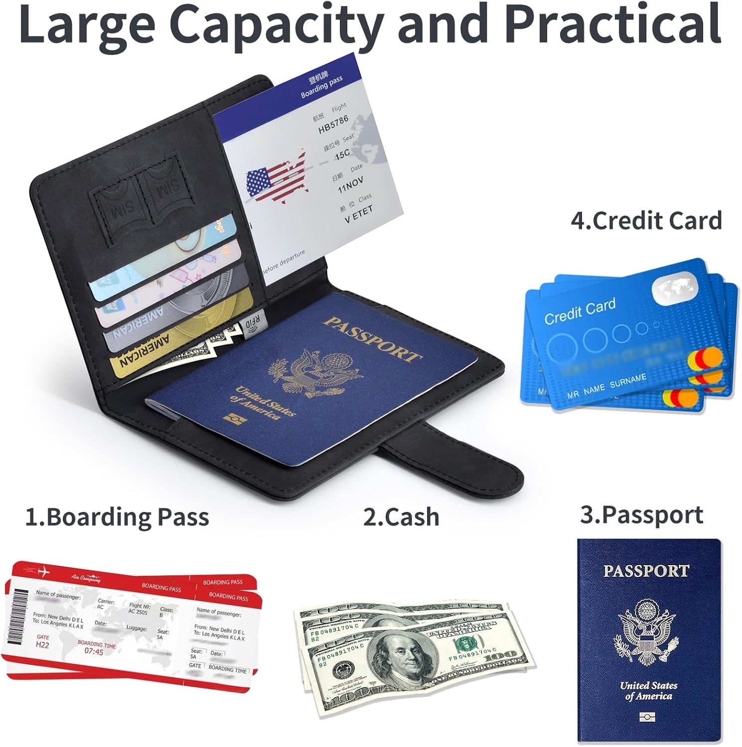 Passport Holder, Passport Cover with Credit Card Slot and Boarding Pass Slot Combo, Passport Wallet Case Book Travel Must Have, RFID Blocking Leather Travel Accessories, Black
