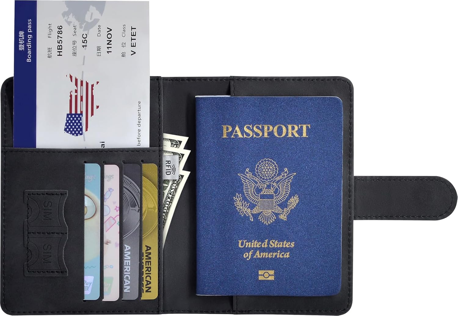Passport Holder, Passport Cover with Credit Card Slot and Boarding Pass Slot Combo, Passport Wallet Case Book Travel Must Have, RFID Blocking Leather Travel Accessories, Black