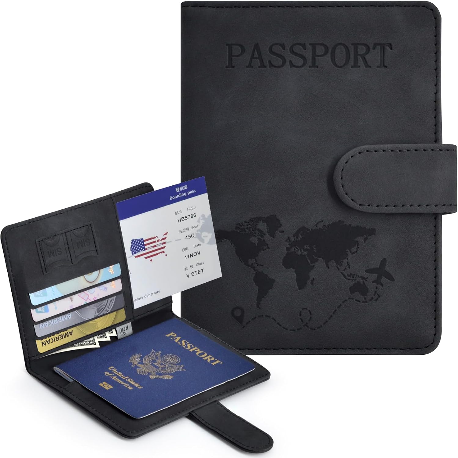 Passport Holder, Passport Cover with Credit Card Slot and Boarding Pass Slot Combo, Passport Wallet Case Book Travel Must Have, RFID Blocking Leather Travel Accessories, Black