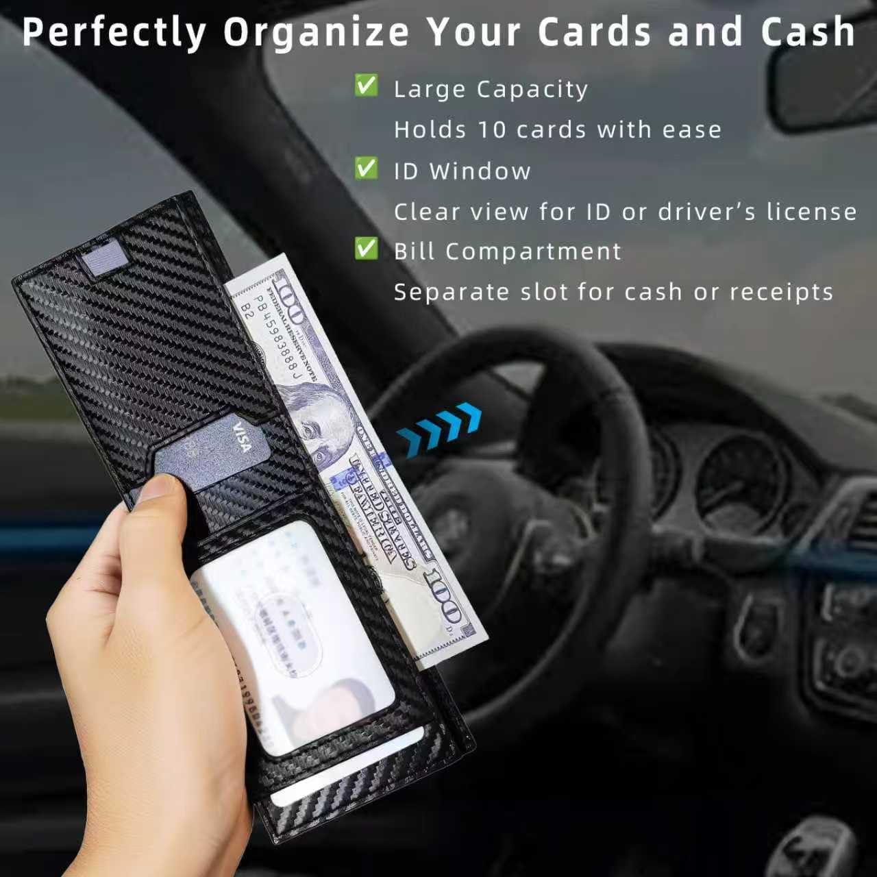 Wallet for Men, RFID Blocking Smart Pop Up Card Wallet,Minimalist Bifold Mens Wallet Hold 10 Cards & Cash, Slim Compact Front Pocket Desgin With ID Window,Metal Aluminum Credit Card Holder