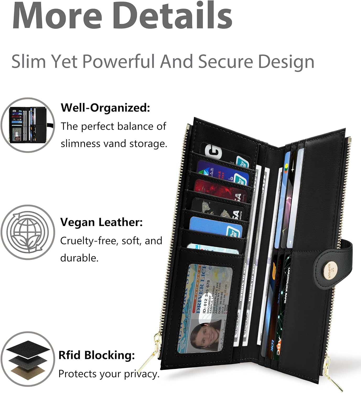 Women’s Wallet,Thin RFID Blocking Leather Wallet for Women Credit Card Holder Travel Wallet with Zipper Pocket (Black)