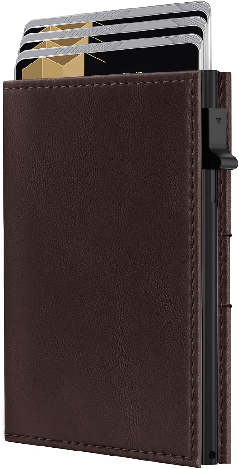 RFID Wallet for Men Slim Pop-Up Trifold Front Pocket Leather Wallet