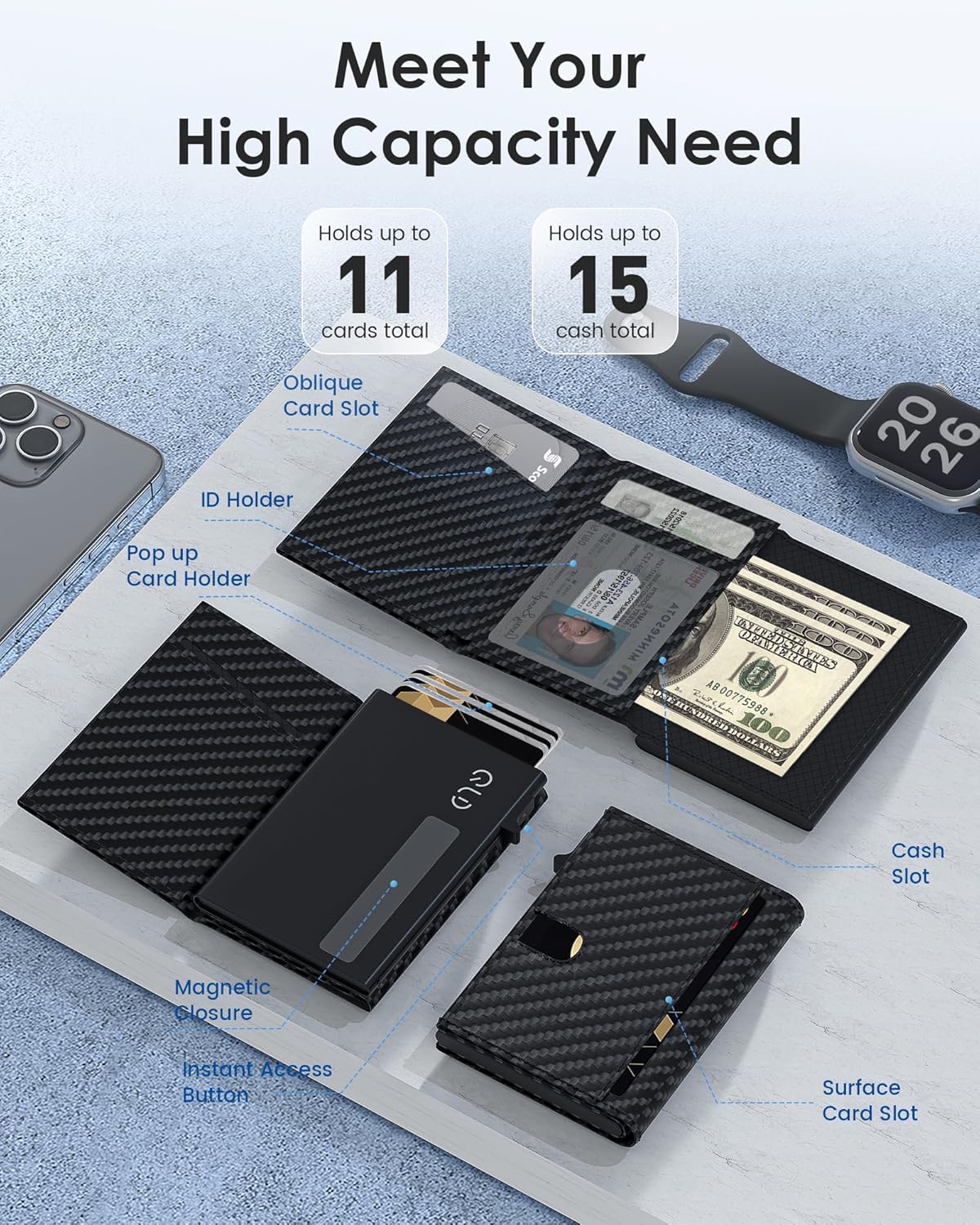 RFID Wallet for Men Slim Pop-Up Trifold Front Pocket Leather Wallet