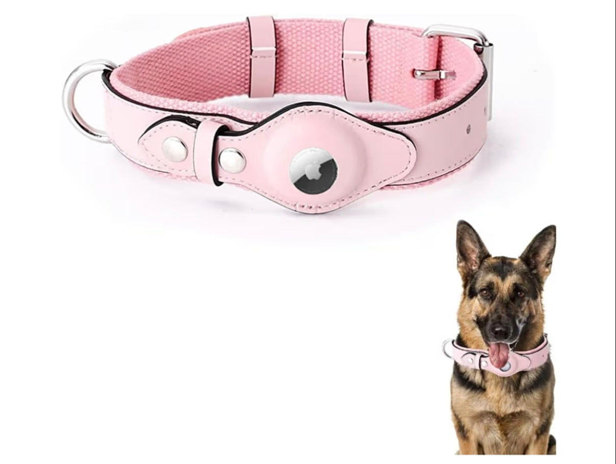 Leather AirTag Dog Collar Adjustable GPS Pet Tracking Strap