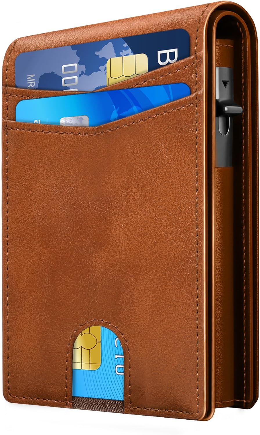 RFID Slim Wallet for Men with Pop-Up Card Holder & Money Clip – Front Pocket Leather Bifold Wallet with ID Window