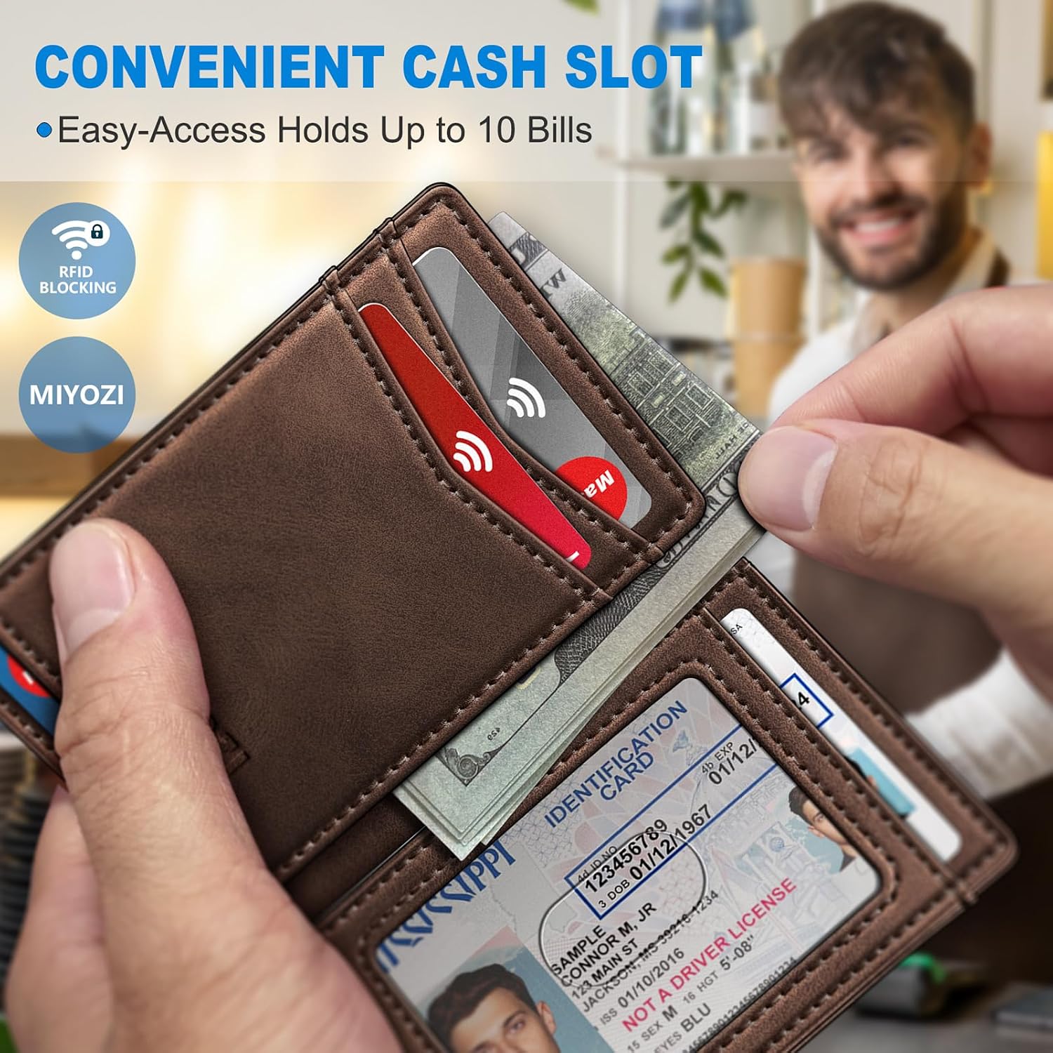 miyozi AirTag Wallet for Men, Slim Minimalist Genuine Leather Bifold, Front Pocket Wallet with 12 Card Slots, ID Window, RFID Blocking, Simple Bill Slot & Magnetic Closure, Gift Boxed
