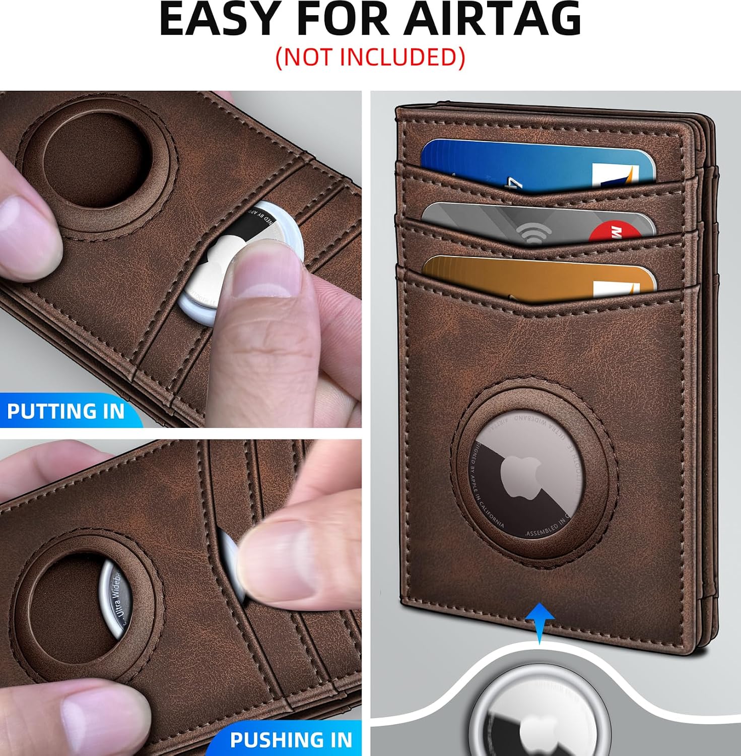 miyozi AirTag Wallet for Men, Slim Minimalist Genuine Leather Bifold, Front Pocket Wallet with 12 Card Slots, ID Window, RFID Blocking, Simple Bill Slot & Magnetic Closure, Gift Boxed