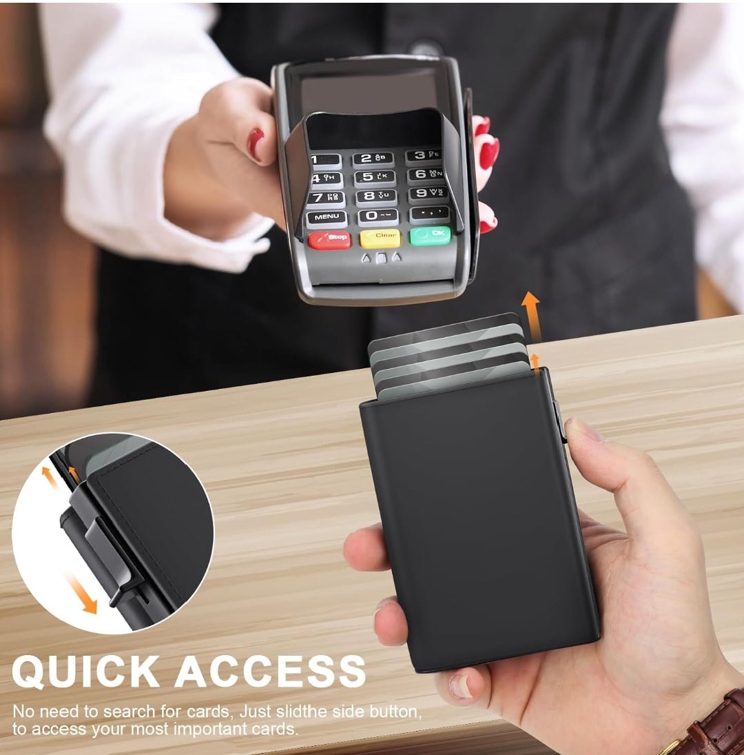 Black RFID Blocking Leather Wallet with Quick Access Card Ejector and AirTag Holder
