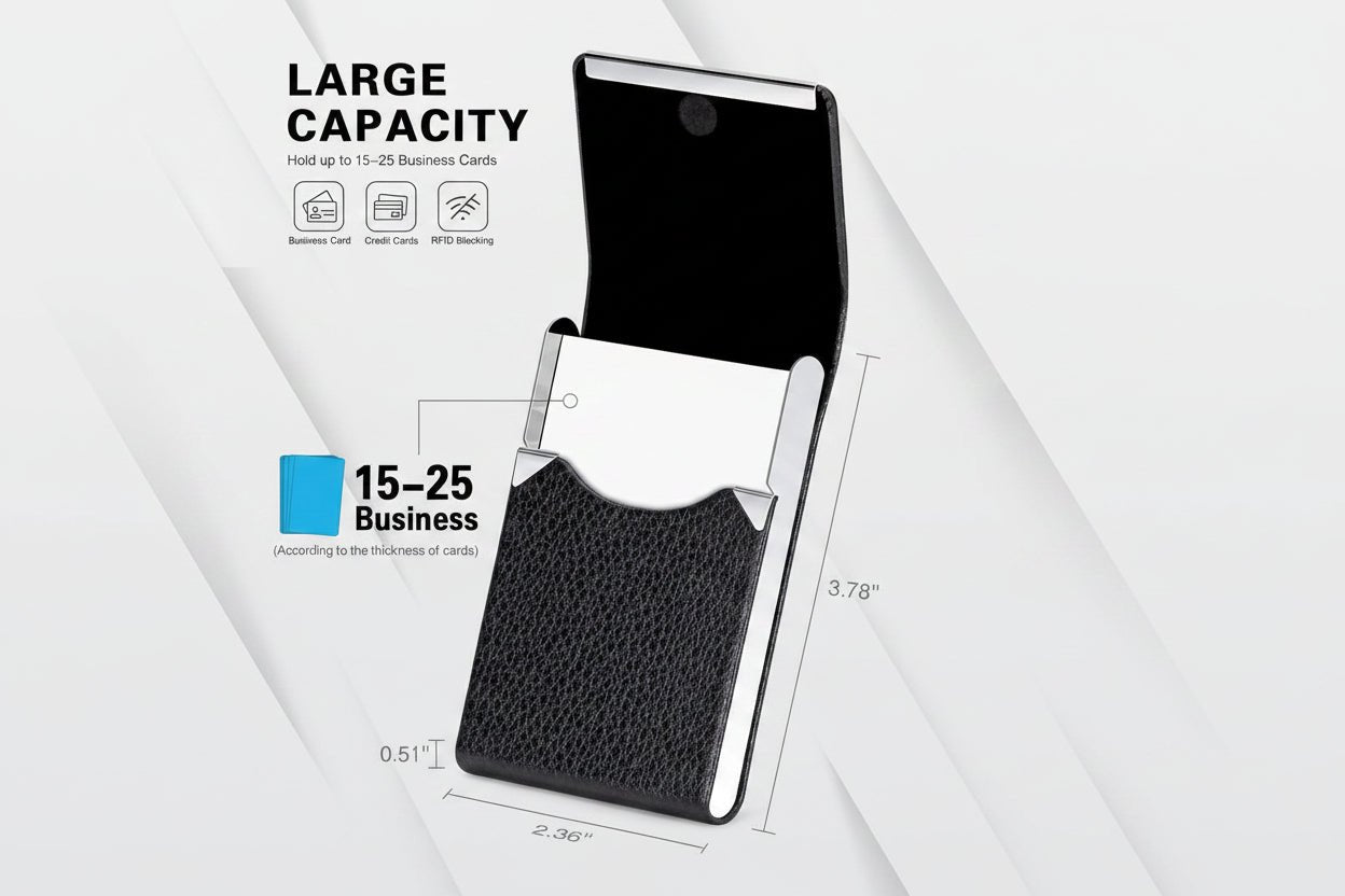  Professional Business Card Holder Leather Business Card Case Name Card Holder Slim Metal Pocket Card Holder with Magnetic Shut (Black)